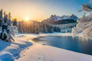 un hermosa invierno paisaje con nieve cubierto arboles y un lago. generado por ai foto