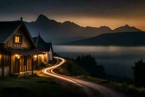 a house and a mountain in the background at dusk. AI-Generated photo