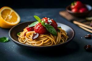 a plate of pasta with strawberries and basil leaves. AI-Generated photo