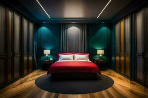 un dormitorio con un rojo cama y de madera pisos generado por ai foto