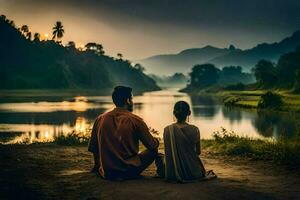 el Pareja es sentado en el suelo y mirando a el río. generado por ai foto