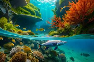 a fish swims in the ocean with coral and other fish. AI-Generated photo