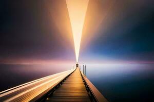 un largo exposición foto de un muelle con ligero caminos. generado por ai