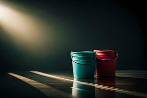 two colorful buckets sit on a table in the dark. AI-Generated photo