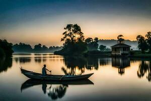 un hombre en un barco en un lago a amanecer. generado por ai foto