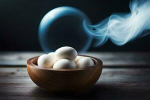 eggs in a bowl with smoke coming out of it. AI-Generated photo