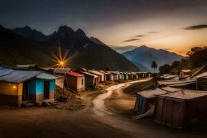 un pueblo a puesta de sol con chozas y montañas en el antecedentes. generado por ai foto