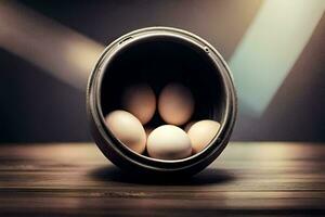 a close up of eggs in a bucket. AI-Generated photo