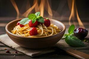 spaghetti with fresh strawberries and basil leaves in a wooden bowl. AI-Generated photo