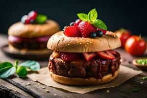 two hamburgers with berries and tomatoes on a wooden table. AI-Generated photo