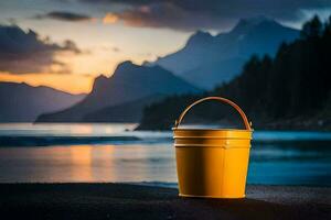 a yellow bucket sits on the beach at sunset. AI-Generated photo