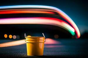 un amarillo Cubeta sentado en el la carretera a noche. generado por ai foto