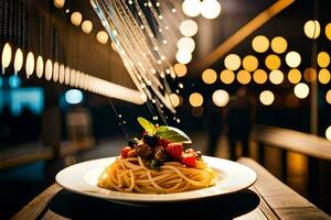 a plate of spaghetti with tomato and basil on a wooden table. AI-Generated photo