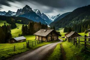 a road leads to a small cabin in the mountains. AI-Generated photo