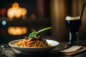 spaghetti with meat and vegetables in a white bowl on a wooden table. AI-Generated photo