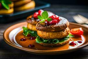 two stuffed mushrooms on a plate with sauce. AI-Generated photo