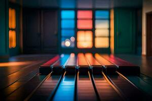 a piano in a room with colorful lights. AI-Generated photo