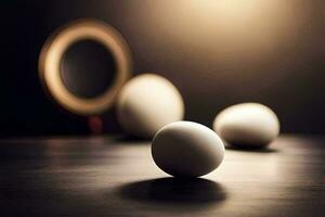 Tres huevos son sentado en un mesa en frente de un espejo. generado por ai foto