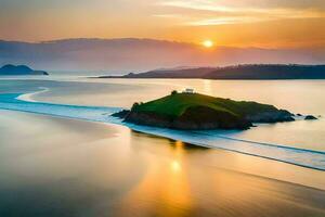 un hermosa puesta de sol terminado un isla en el océano. generado por ai foto