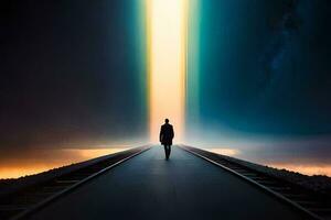 a man walks down a railroad track with a light coming from the sky. AI-Generated photo