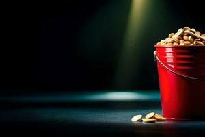 a red bucket filled with peanuts on a dark table. AI-Generated photo