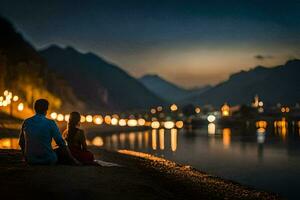 photo wallpaper the night, couple, lake, mountains, couple, romantic, romantic couple, couple. AI-Generated