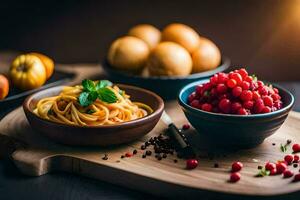 spaghetti with tomatoes, basil and basil leaves in a bowl. AI-Generated photo