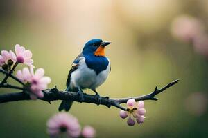 a blue and orange bird sits on a branch with pink flowers. AI-Generated photo