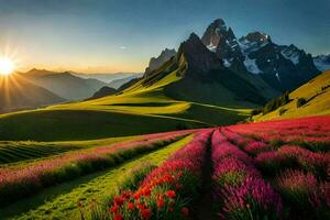 the sun rises over a field of flowers and mountains. AI-Generated photo