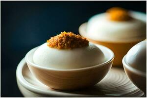 three small bowls with white dessert on top. AI-Generated photo
