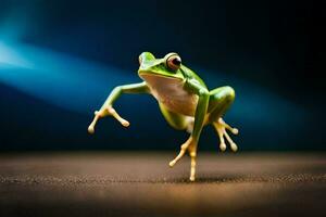 a frog jumping on a dark background. AI-Generated photo