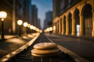 a stack of cookies on a street in the city. AI-Generated photo