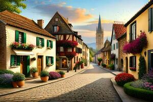 a street in europe with flowers and buildings. AI-Generated photo