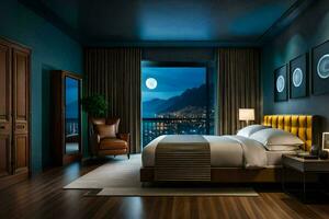 a bedroom with a view of the city at night. AI-Generated photo