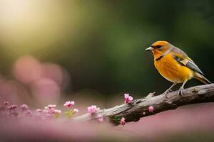 a bird sits on a branch in front of pink flowers. AI-Generated photo