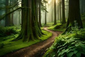 un camino mediante un bosque con arboles y verde césped. generado por ai foto