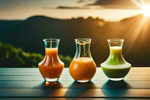 Tres diferente jugos en vaso botellas en un mesa. generado por ai foto