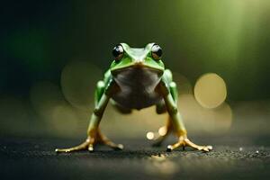 a frog is standing on the ground with a blurry background. AI-Generated photo