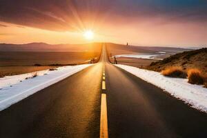 un largo la carretera en el medio de un Nevado campo. generado por ai foto