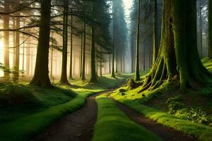 a path through a forest with trees and grass. AI-Generated photo