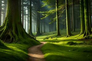 un camino mediante un verde bosque con arboles generado por ai foto