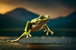 a frog jumping on the ground with a mountain in the background. AI-Generated photo