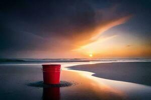 a red bucket sits on the beach at sunset. AI-Generated photo