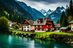 photo wallpaper mountains, the sky, clouds, water, house, the village, the river,. AI-Generated
