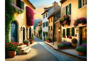 an oil painting of a street in the italian village. AI-Generated photo