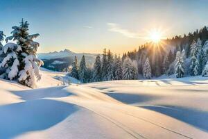 foto fondo de pantalla el cielo, nieve, árboles, montañas, sol, árboles, el sol, arboles generado por ai