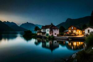 a house sits on the shore of a lake at dusk. AI-Generated photo