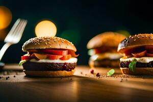 three hamburgers with cheese and tomatoes on a wooden table. AI-Generated photo