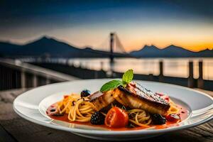 a plate of pasta with fish and vegetables on a table. AI-Generated photo