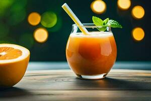 un naranja jugo con un Paja y un rebanada de naranja. generado por ai foto